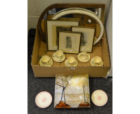Household Goods - a biscuit tin; a Royal Doulton The Coppice pattern part tea service; framed lithographic prints; mirrors