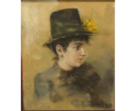 Carl Vautier (Swiss, b.1860)Portrait of a Lady, wearing a tall hat with green band and yellow flowerheadssigned, pastel, 33.5