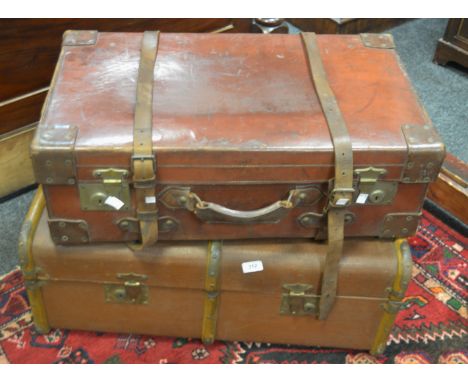 Vintage Luggage - a steam trunk with wooden runners; a leather suitcase (2)