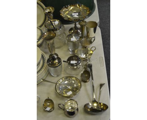 Silver Plated Ware - a silver and cut glass biscuit barrel; pickle fork; preserve  jars and covers; tankard; ladle; etc