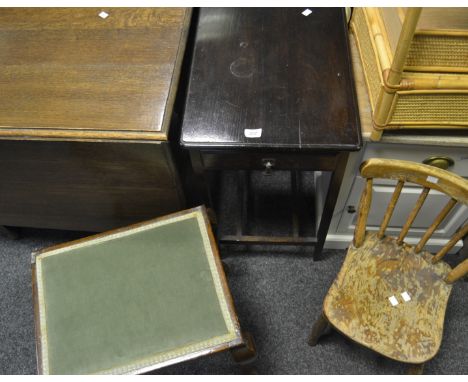 A mahogany stool; an oak occasional table with single drawer to frieze; an elm child's spindle back chair. (3)