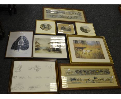 Pictures and Prints - a Pollyanna Pickering print of a Spaniel; framed etchings;  etc