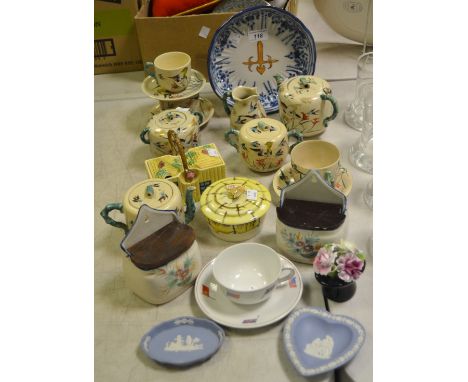 Ceramics - an Oriental tea service; a Delft ware bowl; honey pots; preserve pots; continental wall hanging salts; etc qty