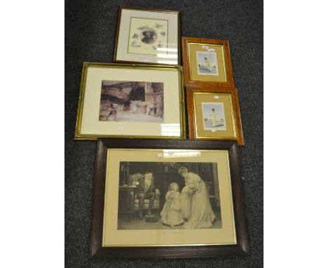 Pictures and Prints - rural scene; a pair of early cricketing prints, burr walnut frame; a hunting print; etc. (5)