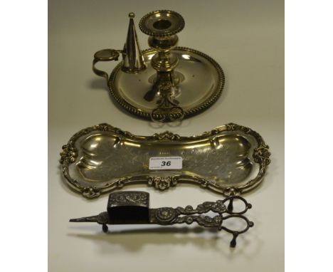 A 19th century Sheffield plated chamber candlestick, with conical douter and original mini wick trimmer, 15cm diam, c.1840;  