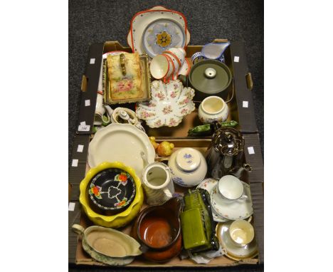 Ceramics - a Staffordshire part tea service; a Shelley saucer; a novelty thermometer car; a Fielding & Co. cheese dish; etc.