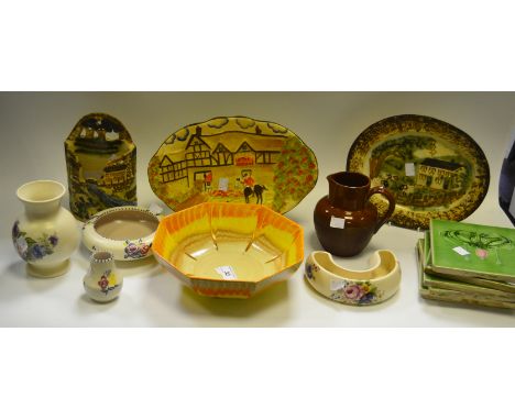 Decorative Ceramics - a Shelley slip glazed bowl; Minton Art Nouveau tiles; Poole Pottery; The Huntsman dish; Lovatts Langley