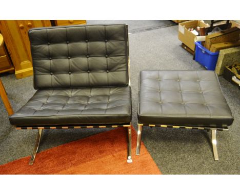 A reproduction  Barcelona chair and stool, black button leather cushions chrome plated frame 