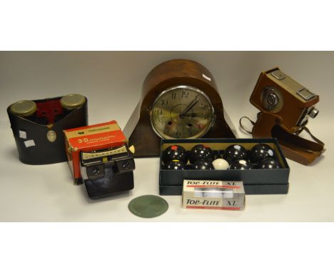 An oak mantel clock; binoculars; Banda carpet bowls; a view master 3Dimensional viewer; etc (1 box)