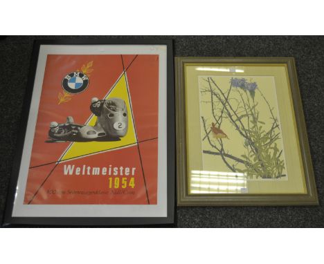 Pictures and Prints - a BMW Weltmeister 1954 poster, framed; after Williamson-Bell, 'Wren Amongst the Branches', limited edit