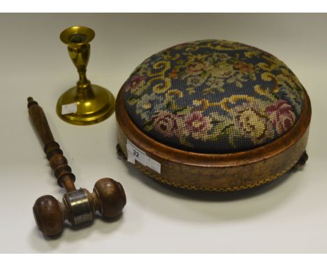 A Victorian walnut circular stool, tapestry stuffed top, c.1870;  a gavel;  a brass candlestick (3)