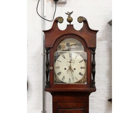 Victorian stained mahogany longcase clock, arched painted dial signed W. Bullock, Bath, with seconds dial and date aperture, 