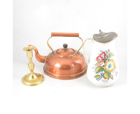 A copper and brass kettle, brass candlestick, ceramic hotwater jug, and four coaching prints 'Trip to Brighton'.
