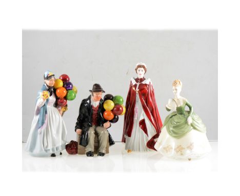Six Royal Doulton figurines, Soiree, Penny, Child of Williamsburg; a Worcester figure in celebration of the Queens 80th birth