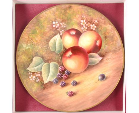 A hand painted cabinet plate by John Skerrett, former Royal Worcester painter, painted with summer fruits, signature on front