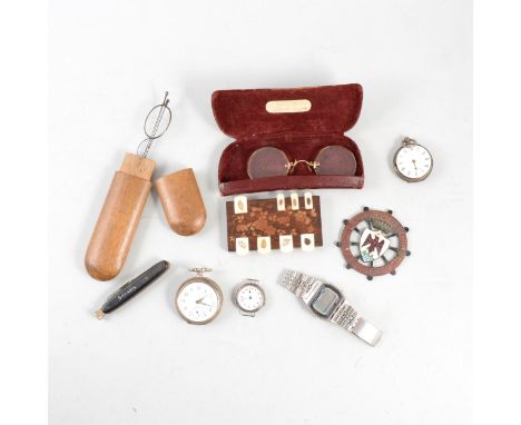 A tray of small collectables, an inlaid whist marker with small insects, "Automobile Club De Nice et Cote D'Azur" car badge, 