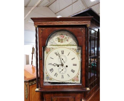 Late Georgian inlaid mahogany longcase clock, repainted arched dial, with subsidiary dials, eight day two chain movement, the