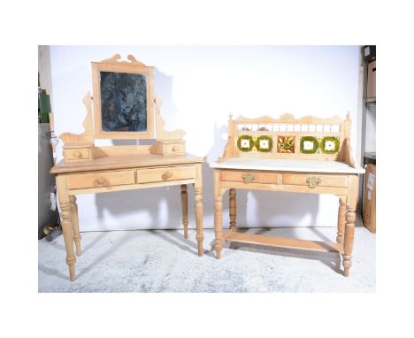 Victorian stripped pine dressing table, mirror back, two raised trinket drawers, two drawers under, width 99cm and a pine til