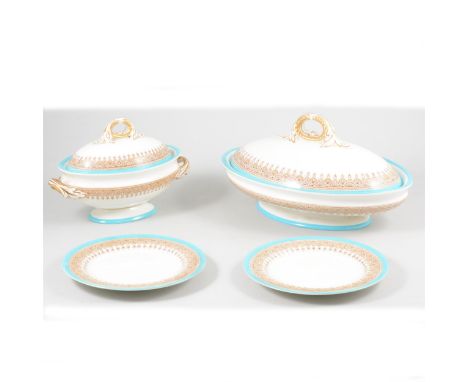 A Royal Worcester dinner service, Vitreous pattern, with turquoise banding with gilt highlights, including dinner, dessert an
