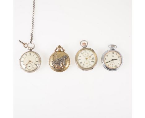 A collection of pocket watches, a silver open face pocket watch with silver dial having a gilt border and Roman numeral chapt