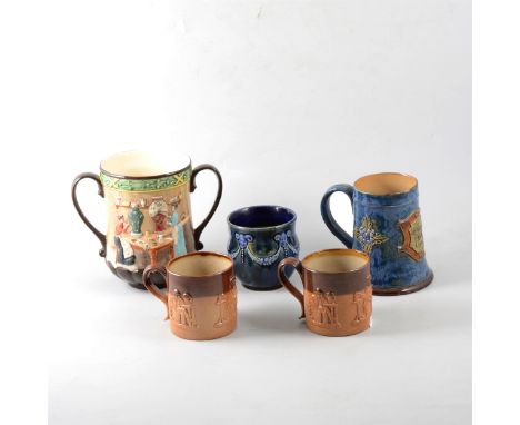 A quantity of Doulton Lambeth and Burslem wares, including a Barnes Rifle Club tankard, two half pint mugs, pair of lamp base