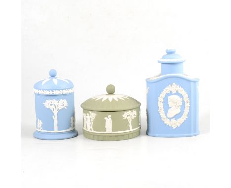 A Wedgwood Jasperware tea caddy, 16cm; a covered 'Olympus' jar, and a covered circular box with pale green ground. (Qty: 3)