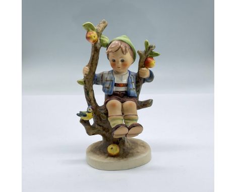 Beautifully hand painted porcelain of an adorable young boy sitting in an apple tree bird watching. Backstamped with Goebel H