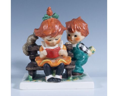 Matte finish in vivid colors. Features an adorable scene of a boy about to surprise a little girl. Goebel backstamp. Artist: 
