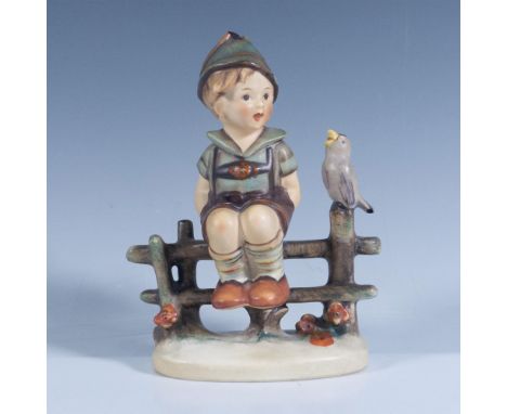 Depicts a boy sitting on a fence with a singing bird. M. I. Hummel inscribed on base. Goebel backstamp. Artist: Reinhold Unge