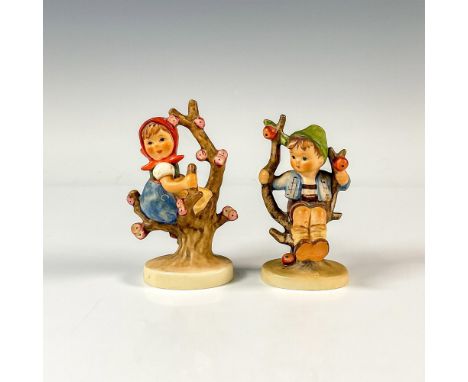 Matte porcelain finish. Two adorable children dressed in playful colorful clothes sitting on apple three branches. Goebel bac