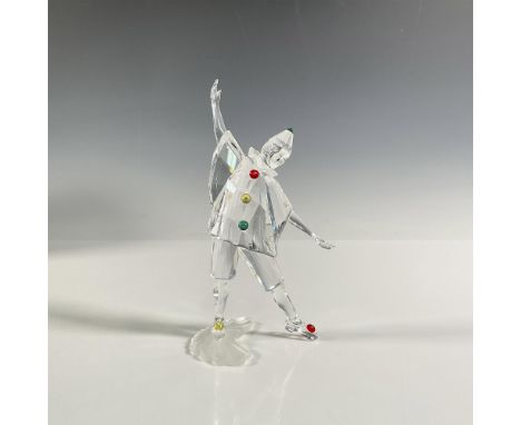 A clear and frosted figure of a performing clown adorned with colorful pom-poms with crystals. 1999 Swarovski Crystal Society