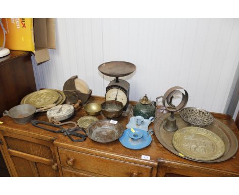A vintage grinding wheel, two sets of scales, enamel chamber sticks, house bell etc.