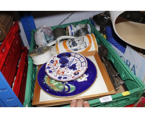 Two boxes of miscellaneous china to include Poole Pottery, plated ware etc.