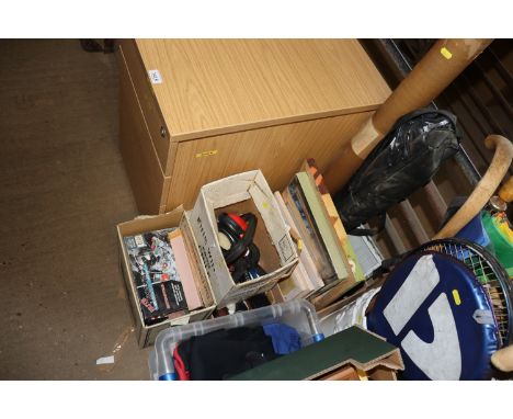 Four boxes containing various pictures and prints, hand tools etc.