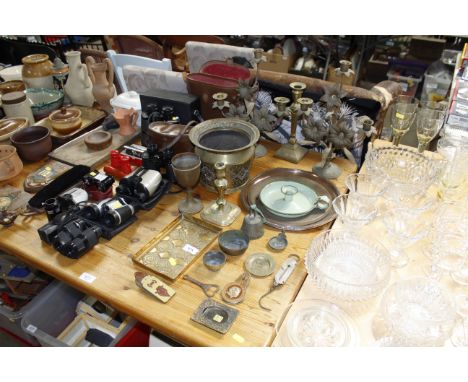 A quantity of various metalware to include an 18th Century brass candlestick, a 19th Century similar, Arts & Crafts style bra