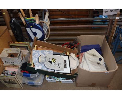 A box of curtains and cushions, five boxes containing various sundries, hand tools etc. and a stick stand and contents 