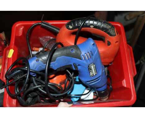 An XU1 electric drill; a Black & Decker jigsaw; a Black & Decker mouse sander; and a Draper soldering iron