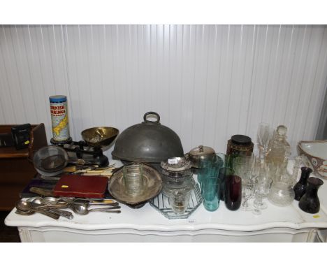 Two antique pewter meat dish covers, various plated ware, set of kitchen scales, horn handled carving set, various cutlery, g