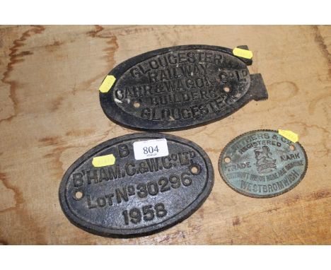 A cast iron Gloucester Railway Car and Wagon Company Ltd sign, a cast iron B R sign dated 1958 and an S Withers &amp; Co of W