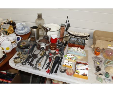 A collection of various china and metal ware to include model boat on stand, enamel chamber pot, enamel jug, decorative keys 
