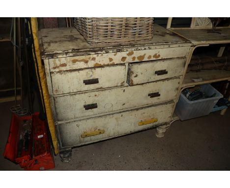 A painted pine chest and part contents of various hand tools AF