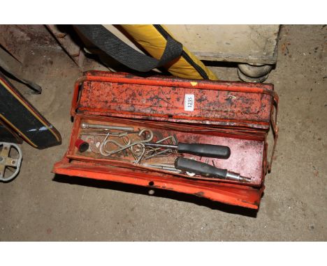 A cantilever tool box and contents of tools and a spirit level 