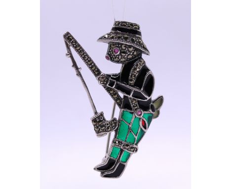 Silver enamel fishing rabbit brooch 