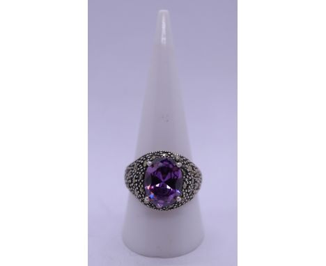 Silver &amp; amethyst ring - Size S 