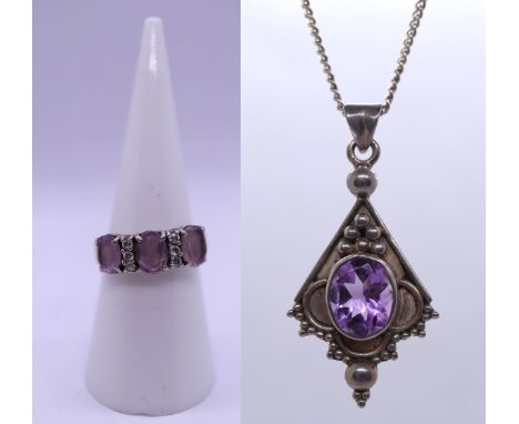 Hallmarked silver necklace with amethyst pendant together with a hallmarked silver &amp; amethyst ring 