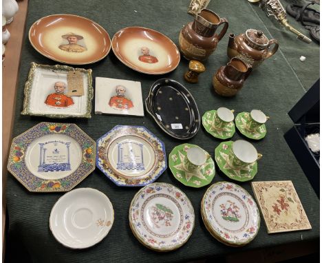 Collection of Ceramics, including Silver Collared Doulton Lambeth Teapot/Jugs, Boer War Memorial Pratt ware, Masonic Plates, 