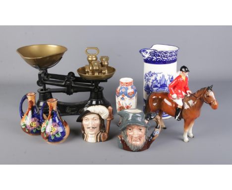 A set of Librasco kitchen scales with a small collection of ceramics including Royal Doulton Character jugs, delft vase, viol