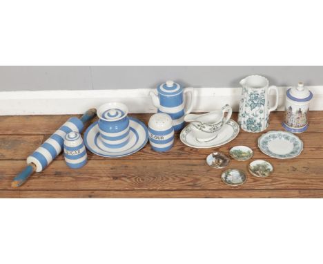 A box of mixed ceramics, including T.G. Green Cornish kitchen ware and tea pot, Kaiser Germany lidded vase and jug etc.