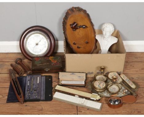 A box of vintage miscellaneous, including slide rules and tools, woodenware to include weaving shuttle and boxes, smoking pip