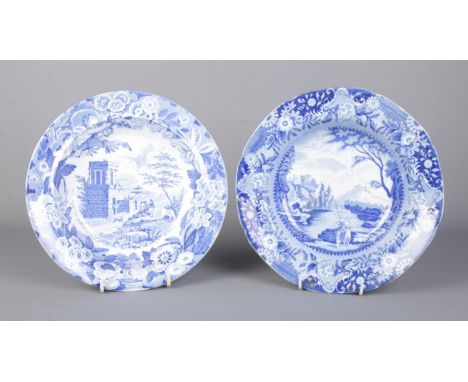 A Brameld blue and white dish decorated with Castle of Rochefort along with a similar Don Pottery example, Tomb of Theron. Di